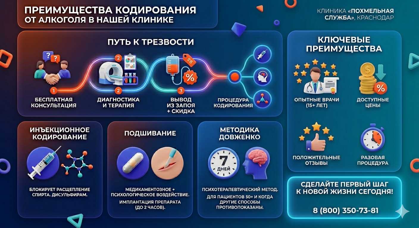 Инфографика о методах кодирования от алкоголя в Зимовниках: инъекции, подшивание, метод Довженко. Преимущества клиники и этапы лечения.