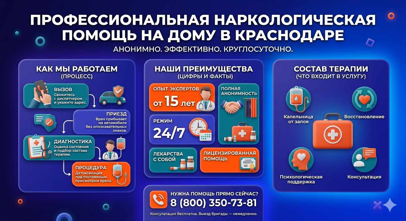 Инфографика о принципах лечения алкоголизма на дому в Зимовниках: этапы вызова нарколога, преимущества анонимной детоксикации и состав медицинской помощи.